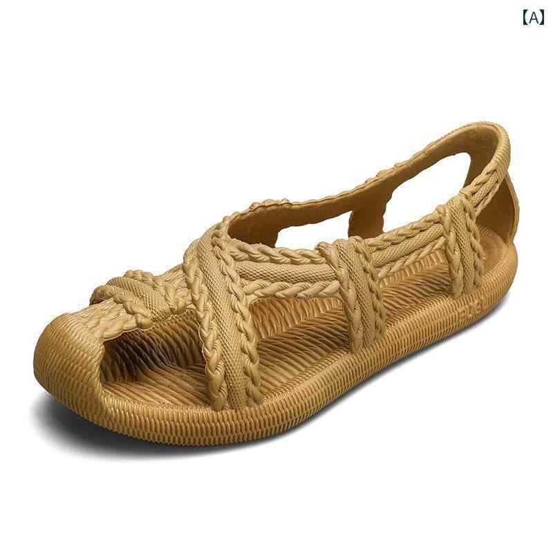 健康 サンダル 快適 夏の レトロ 手編みの 靴 ソフト ソール 通気性 滑り止め ビーチ シューズ メンズサンダル ラバー ラタン ストロー レディース