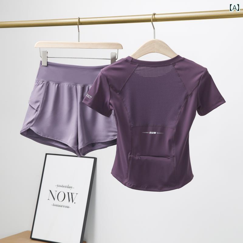 ランニング ウェア スポーティー フィットネスウェア スポーツ スーツ バック ポケット スマートフォン 収納 可能 プロ 仕様の トレーニングウェア メッシュ 素材 通気性の ある 半袖 ヨガ ショーツ