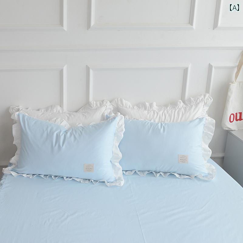 枕 カバー おしゃれ インテリア 綿 フリルレース 枕 カバー 1 組 ブルー シングル ホワイト ピンク