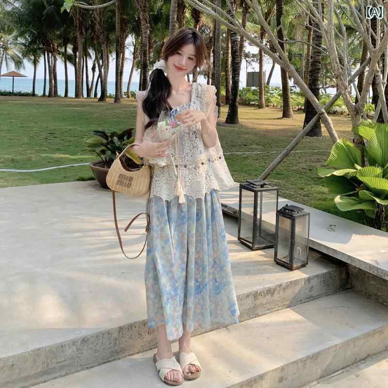 キュートな ドレス スタイル ドーパミン ウェア ブルー フローラル ドレス スーツ レディース 2025夏 ..