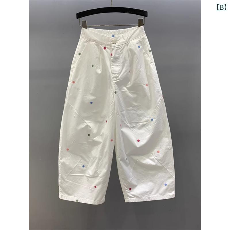 ゆったり パッチワーク パンツ レディース カラフルな ドットの 刺繍入り ワイド レッグ パンツ 女性用 2025夏 細身 太め mm ゆったり ハイウエスト スリム カジュアル 9 ポイント おばあちゃん