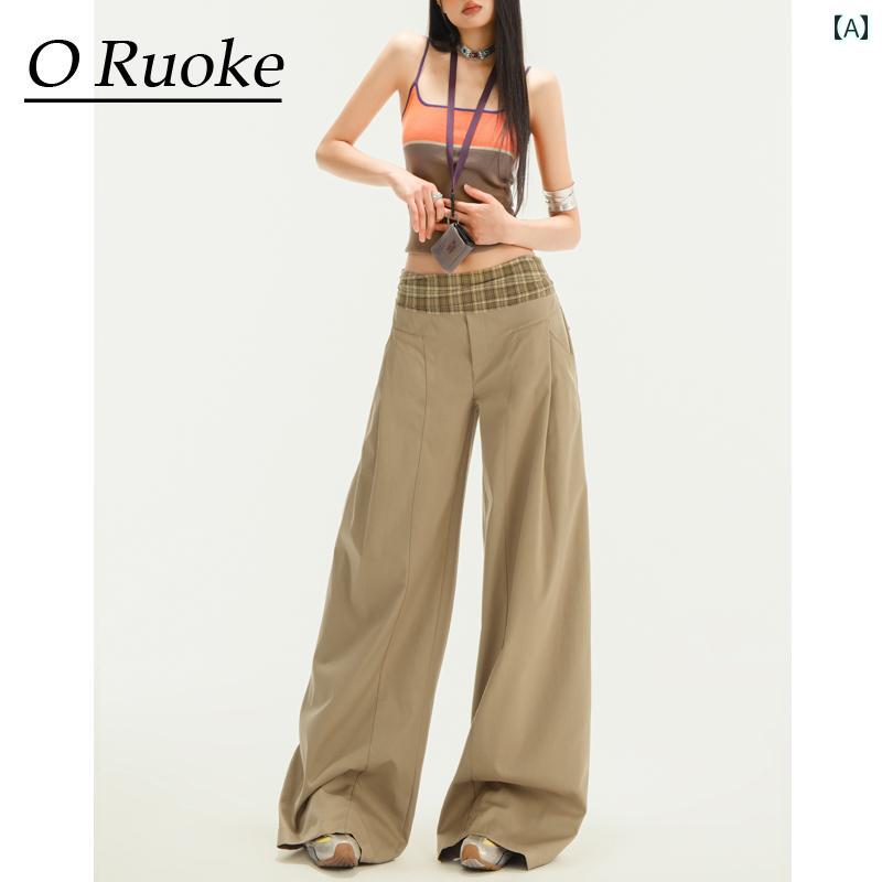 ゆったり パッチワーク パンツ レディース カーキ ウエスト ステッチチェック 柄 カジュアル パンツ レ..