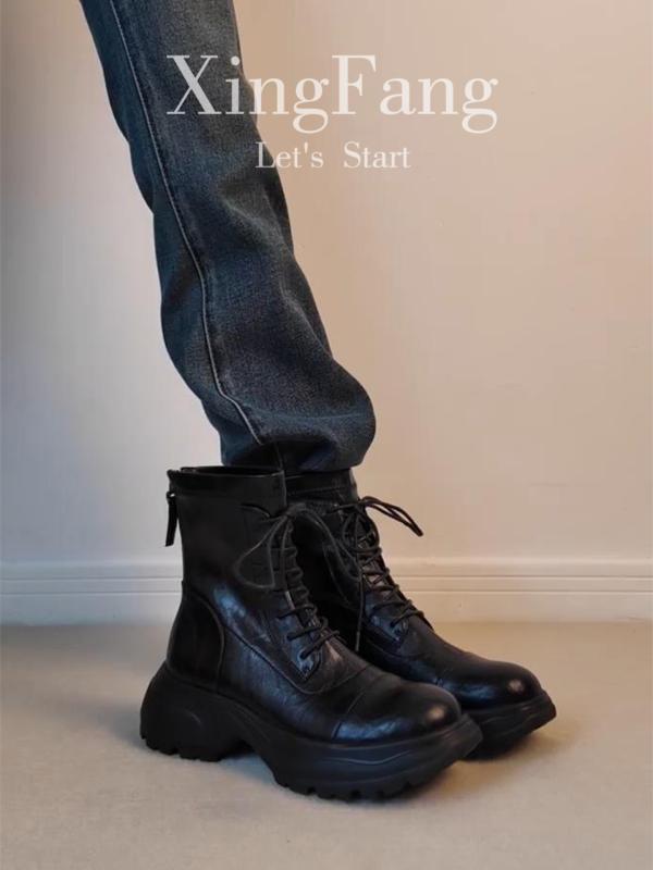 厚底 ブーツ レディース 牛革 英国 風 レトロ 厚底 ブーツ レディース 2025 秋冬 レースアップ 身長 ア..