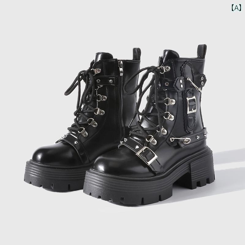 厚底 ブーツ レディース パンク コス 高めの 厚底 ブーツ 春秋用 小柄 ゴシック スタイル スタッズ ミ..