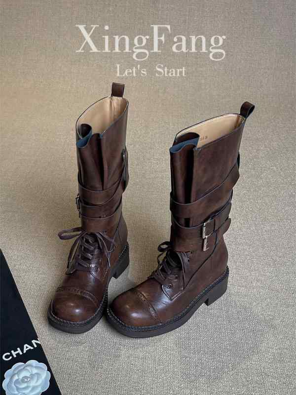 厚底 ブーツ レディース レトロ 内側の 高さの ある ブラウンの ブーツ レディース 2025 秋冬 マイ ラ..