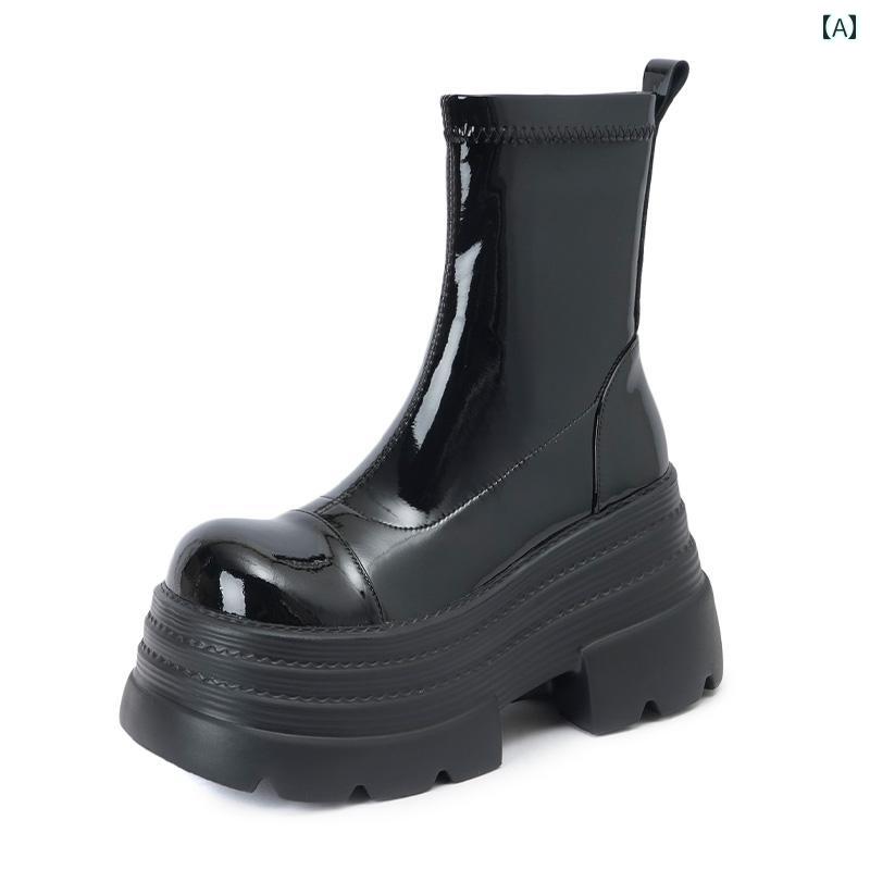 厚底 ブーツ レディース 10 CM ハイヒール 厚底 パテントレザー ブーツ 2024 秋冬 ラウンドトゥ プラットフォーム 底高 スリム ショート