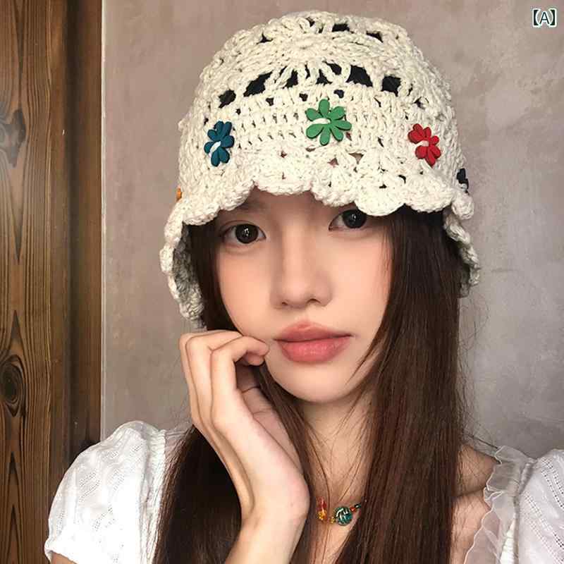 女性用 ニット 帽 帽子 レトロ 花柄の 手編み ニット フィッシャーマン ハット 女性用 通気性の ある ..