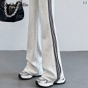 快適 スウェット パンツ レディース La Chapelle アメリカン サイドストライプ フレアパンツ レディース 2025夏 ハイウエスト ドレープ スポー...