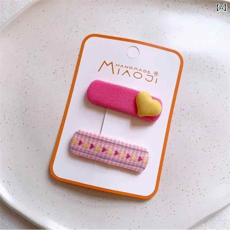 キッズ ヘアピン 女の子用 韓国 子供用 ピンクの ヘア ピン 女の子用 花柄 生地 前髪 サイド クリップ 小学生用 ハート型 額