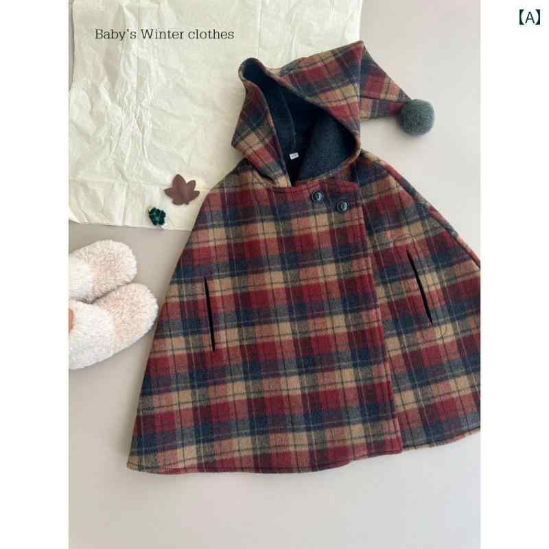 キッズ用 マント 女の子 ウール コート 秋冬 2024 チェック 柄 マント 両面 かわいい おしゃれ ケープ 暖かい