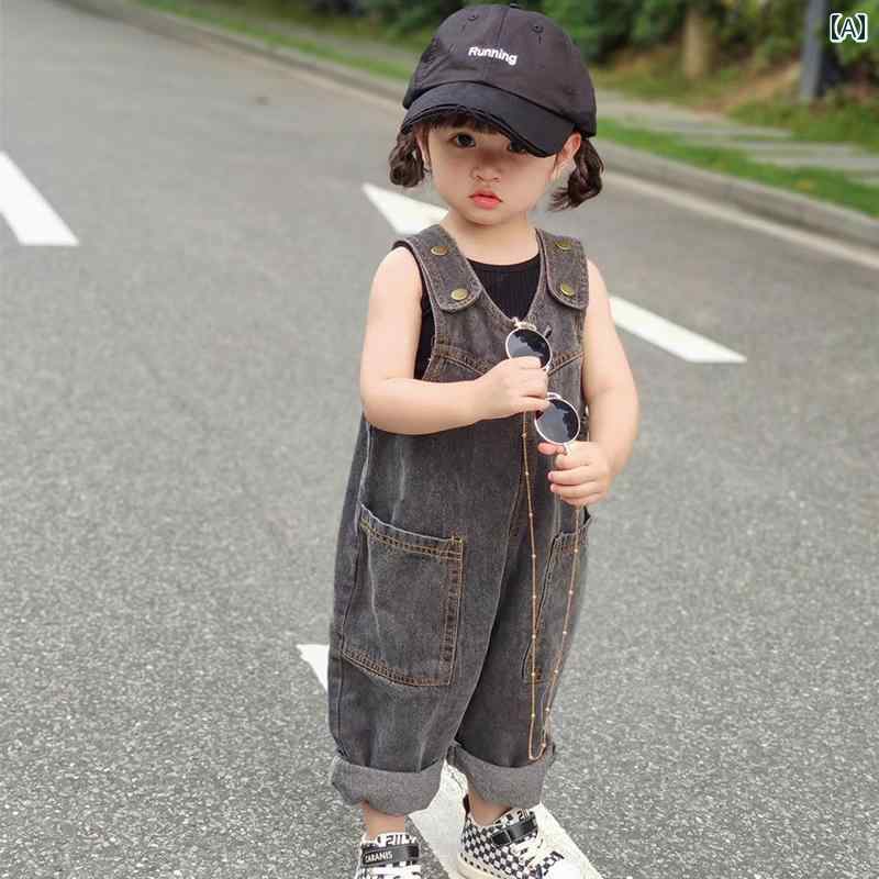 ジャンプスーツ カジュアル 子供用 子供用 パンツ 韓国 春 男の子 女の子 レトロ デニム オーバー オー..