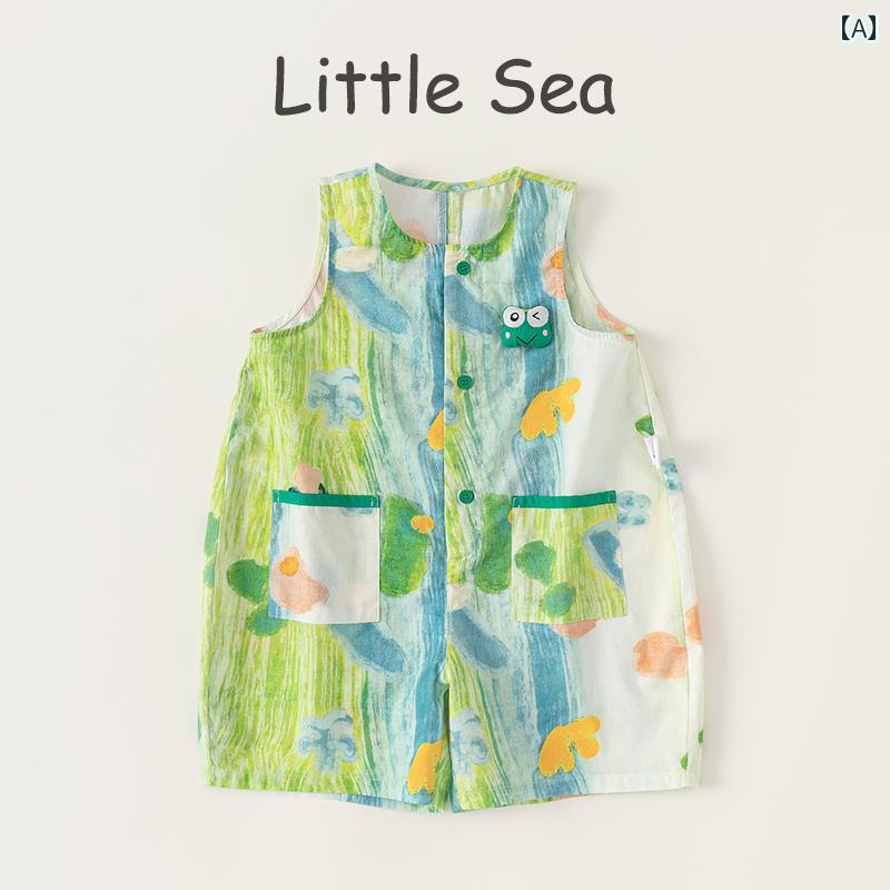 ジャンプスーツ カジュアル 子供用 夏の 子供用 綿 かわいい 漁師 パンツ 男の子 落書き ノースリーブ ..