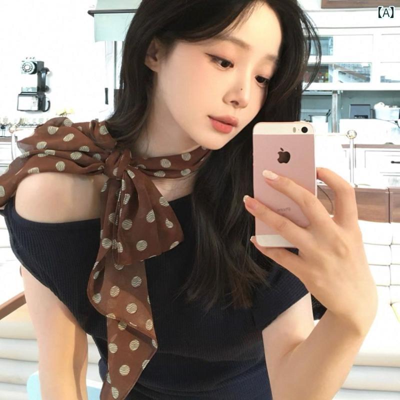 スタイリッシュ レディース スカーフ ブラウンの ドットの シルクスカーフ プリント 女性用 高級 リボ..