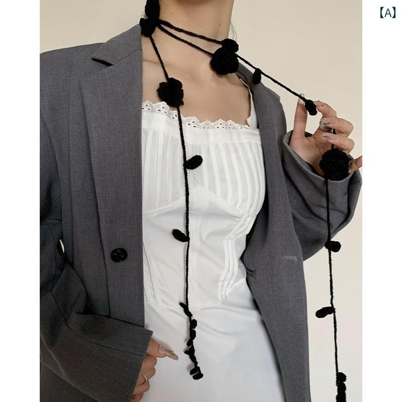 スタイリッシュ レディース スカーフ ブラックローズ スカーフ 手編み かぎ 針 編み 薄手 ロング シル..