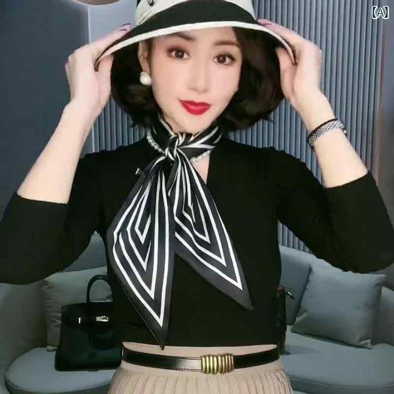 スタイリッシュ レディース スカーフ 秋冬 サテン 文字 スカーフ 小 細長い ヘア バンド レディース 万..