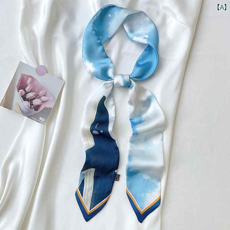 スタイリッシュ レディース スカーフ レディース 青い 小さい 細長い シルクスカーフ。 編み込みの ヘ..