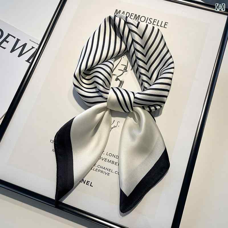 スタイリッシュ レディース スカーフ 黒と 白の 縞模様の 小さい 正方形の スカーフ シルクスカーフ レ..