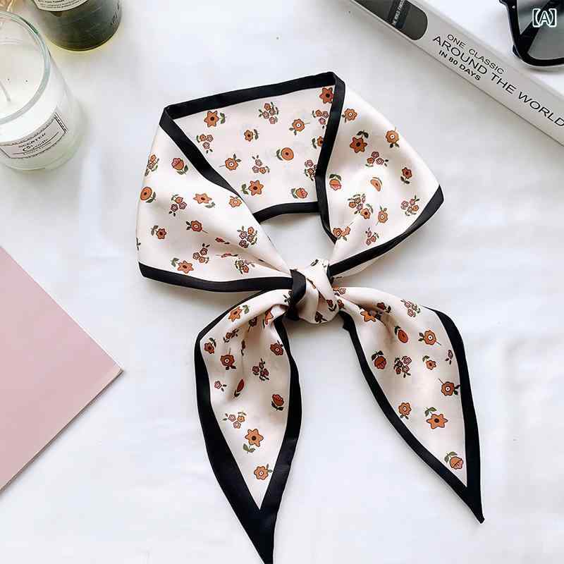 ハイセンス スカーフ リボン 韓国 細身の 細い プリント シルクスカーフ レディース スカーフ 小さい ..