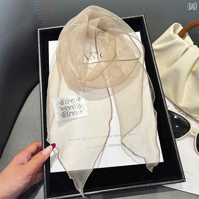 ハイセンス スカーフ リボン 2025年の 高級 韓国 シルクスカーフ レディース 夏 薄型 透明 ヘア バンド..