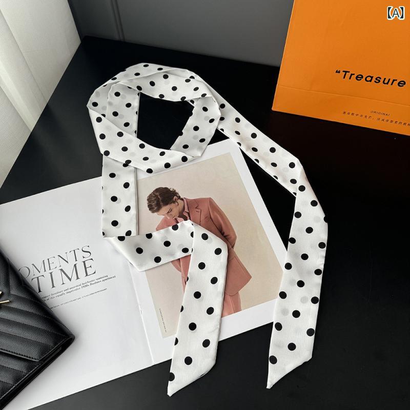 ハイセンス スカーフ リボン Partyme 韓国 ロング ドット 柄 シルクスカーフ ネクタイ ネット 細 リボ..