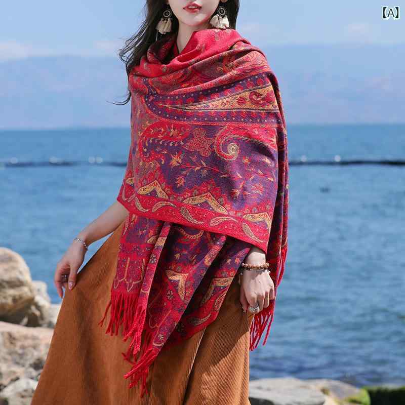 ショール レディース スカーフ チベット 雲南 レッド エスニック ショール ケープ スカーフ レディース 秋冬 暖かい エアコン 付き ルーム マント ブランケット 厚手(4)