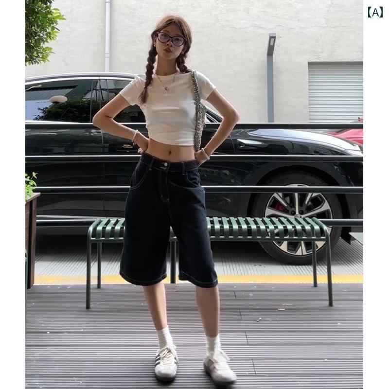 レディース ショート パンツ アメリカン ブラック デニムショートパンツ。 レディースの 夏用 ハイウエスト スリム ストレート 5 ポイント ワイド レッグ パンツ。