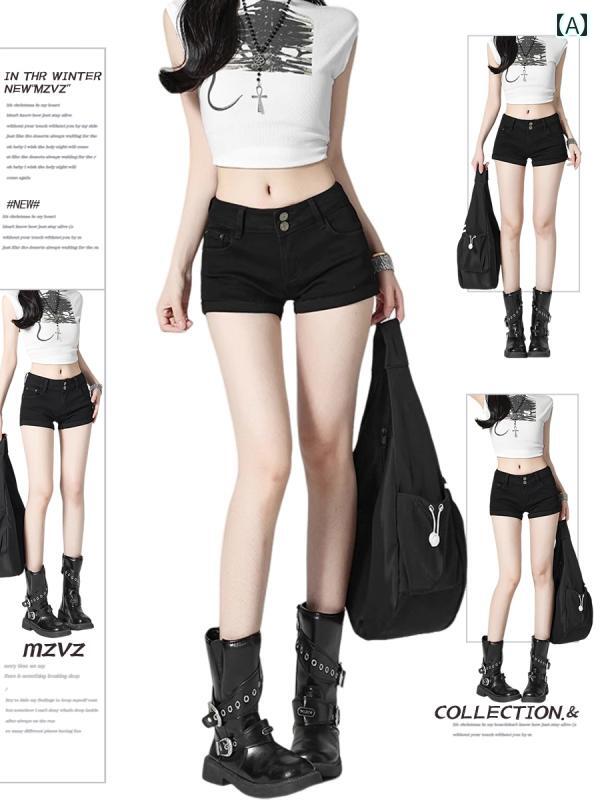レディース ショート パンツ MZVZ アメリカン ホット ガール ブラック ダブル ボタン デニム ショート パンツ レディース 夏 小柄 ローウエスト スリム タイト ヒップ