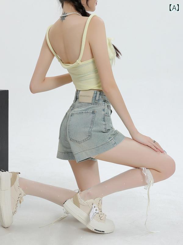 aライン ヒップ ショートパンツ ライト ブルーの ハイウエスト デニムショートパンツ レディース 2024夏 アメリカン スタイル 小さい サイズ aライン ホット パンツ