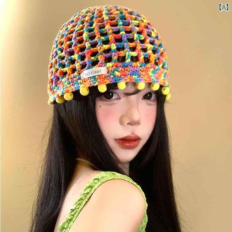 サマー ニット レディース 帽子 カラフルな ドーパミン ビーズ入り ニット 帽。 2025夏 女性用。 薄手..