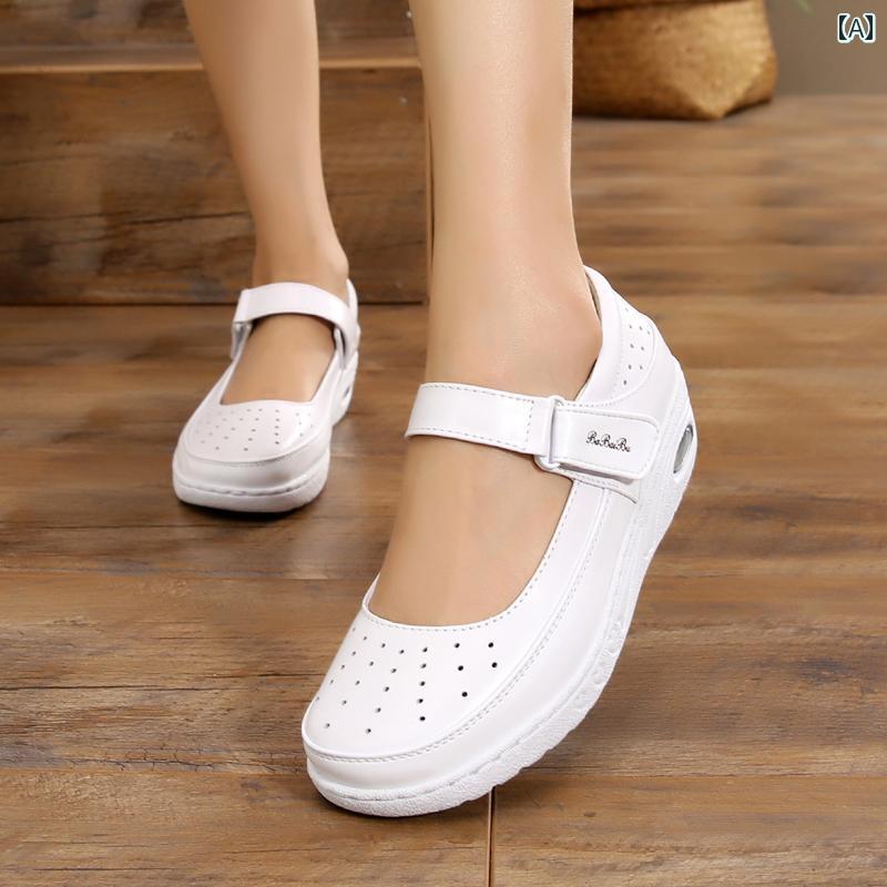 ナースシューズ ソフト ソール Barbaibu 革 ナースシューズ レディースシューズ ホワイト 医療用 作業 ..