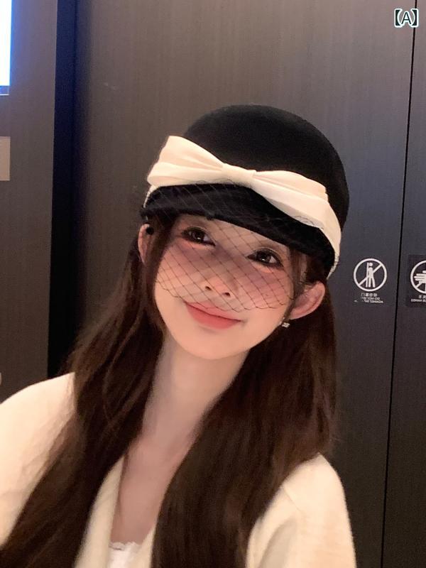 秋冬 ベレー 帽 レディース 秋冬 弓 ウール 乗馬 帽子 レトロ メッシュ ひさし キャップ レディース 顔 小さい ファッション キャスケット