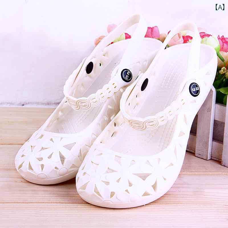 ナースサンダル シューズ 女性用 プルバック プラスチック サンダル 夏 白 フラットソール アウターウ..