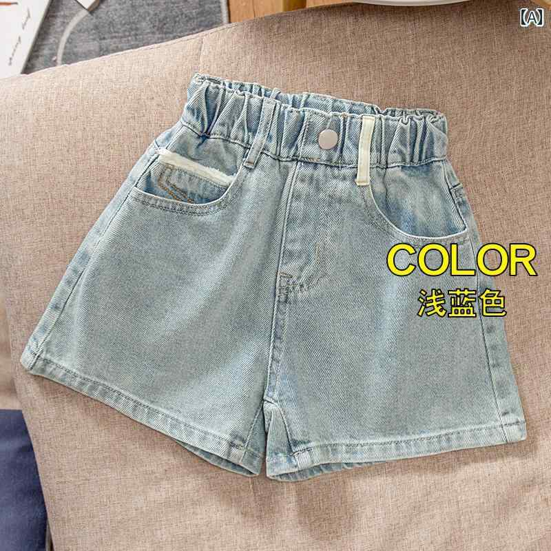 女の子 デニムショートパンツ 夏 2025 スタイリッシュな ライト ブルーの 薄手 ホット パンツ 夏服 ハイウエスト
