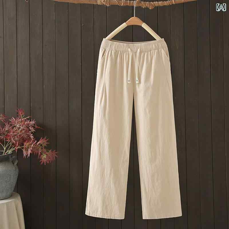 ホワイト ストレート ジーンズ 夏用 ウォッシュ コットン＆ リネン ワイド レッグ パンツ 女性用 薄手 2025年 ハイウエスト ドレープ レディースパンツ ゆったり カジュアル ストレート