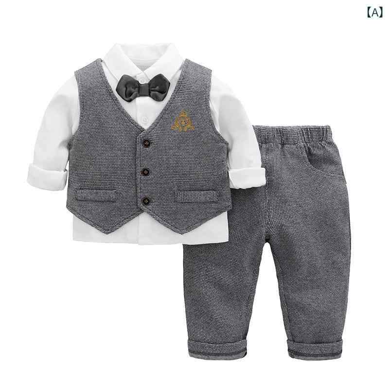 ファッション ベビー ボーイ 1歳の 男の子 ドレス 秋服 おしゃれな ベビー シャツ ベスト スリーピーススーツ 小さい スーツ 写真
