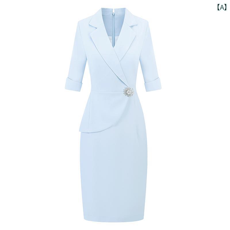 レディース ビジネス スーツ スカート ドレス プロな エレガントな の スーツ ドレス 半袖 夏 薄手 美容院 営業 仕事 着 青 凛とした OL