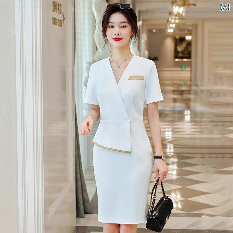 レディース ビジネス スーツ スカート ドレス プロな 服装 OL ドレス レディース 夏 半袖 薄手 高級 美容 室 マネージャー 医療 コンサルタント フロント デスク 作業着