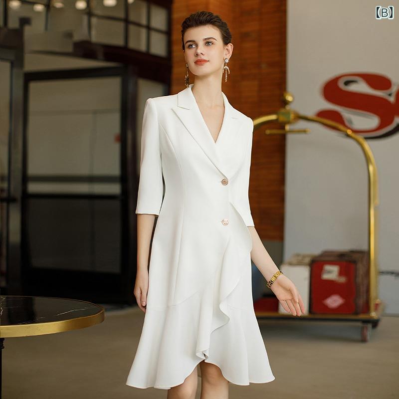 LAONsChoiceのレディース ビジネス スーツ スカート ドレス 女性用 ホワイト フリル 長袖 スーツ ドレス ハイエンドな ウエストを 包み込む フォーマルな パーティー プロな 服装｜アングル2