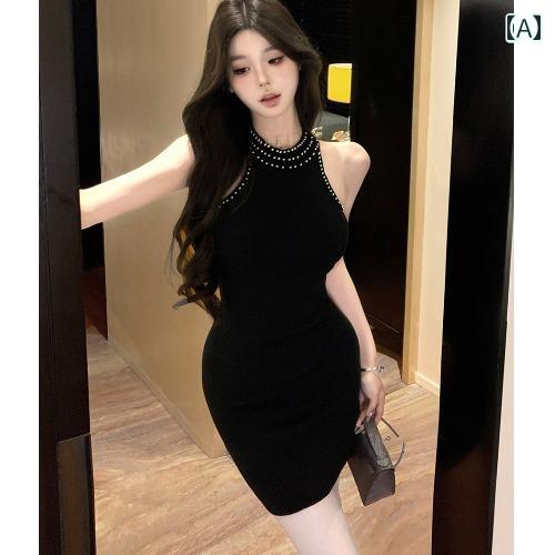 ナイトクラブ キャバ スタイル ファッション な ラインストーン ウエスト ノースリーブホルター ネック ドレス レディース サマー スリム タイト ボトム ヒップ スカート(4)