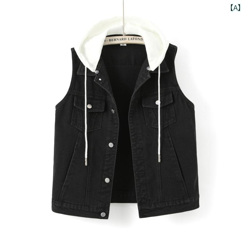 デニムジャケット レディース 女性用 ブラック フード付き デニムベスト 春秋 ゆったり小 袖 ベスト ジャケット