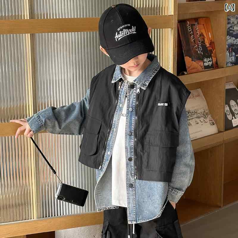 男の子 シャツ 春秋 ボーイズ デニム フェイク ツーピース シャツ ジャケット 秋服 2024 子供の 秋 ス..