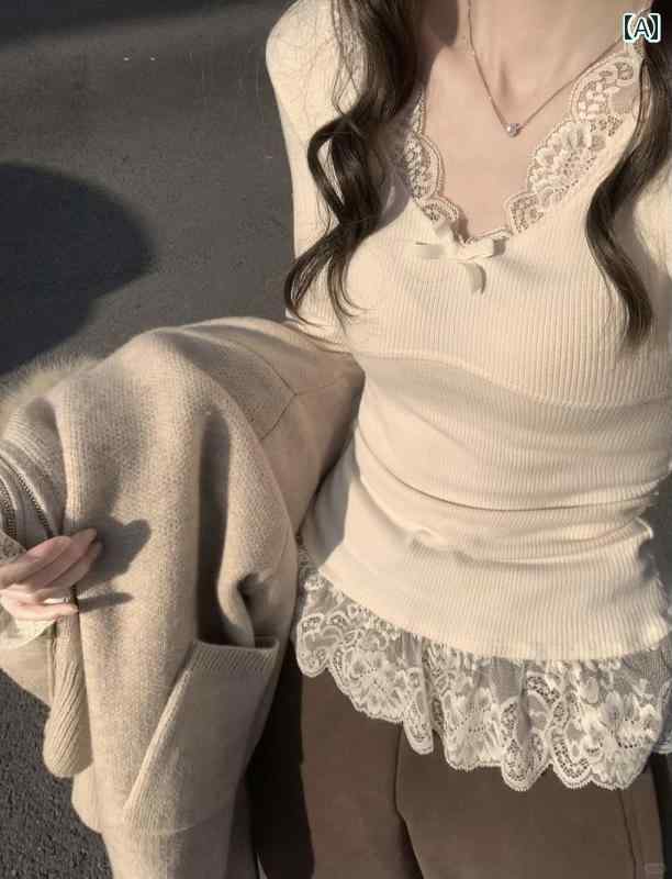 レイヤリング シャツ レディース な リボン 長袖 Tシャツ レディース 春秋 BM スタイル レース スリム..