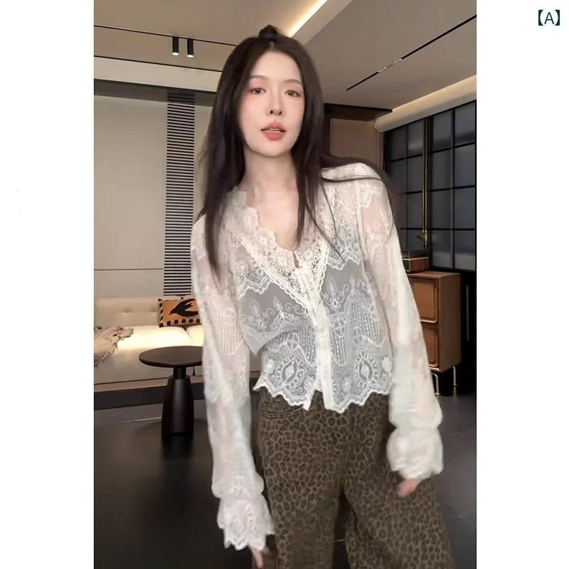 レイヤリング シャツ レディース 春の レディース向け フレンチ Vネック 長袖 レース レイヤリング シ..