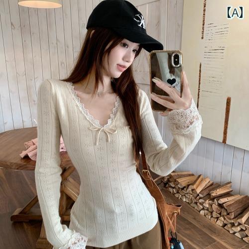 レイヤリング シャツ レディース フレンチ Vネックの レース トリム ニット Tシャツ レディース 秋 蝶 ネクタイ レイヤリング シャツ エレガントな レディ スタイル トップス