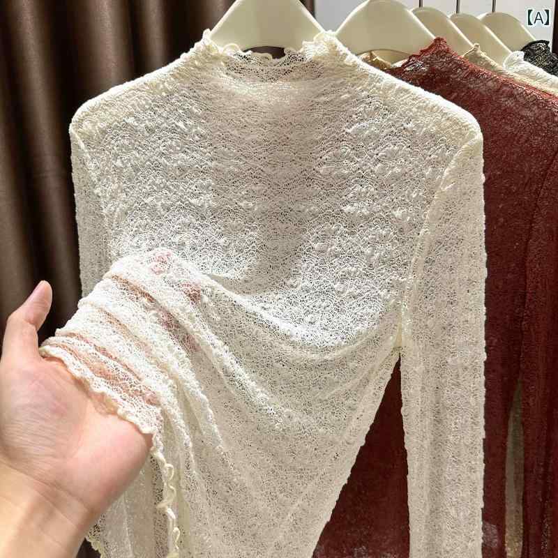 レイヤリング シャツ レディース ハーフ タートルネックの レース セーターに レイヤリング シャツを ..