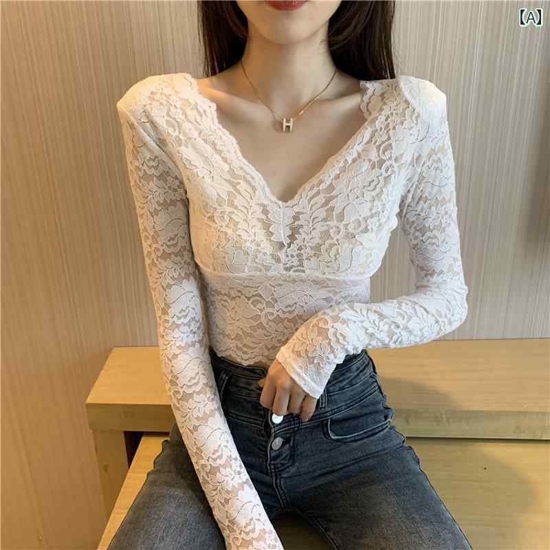 レイヤリング シャツ レディース ホワイト Vネック レース レイヤリング シャツ レディース 秋冬 2024 ..