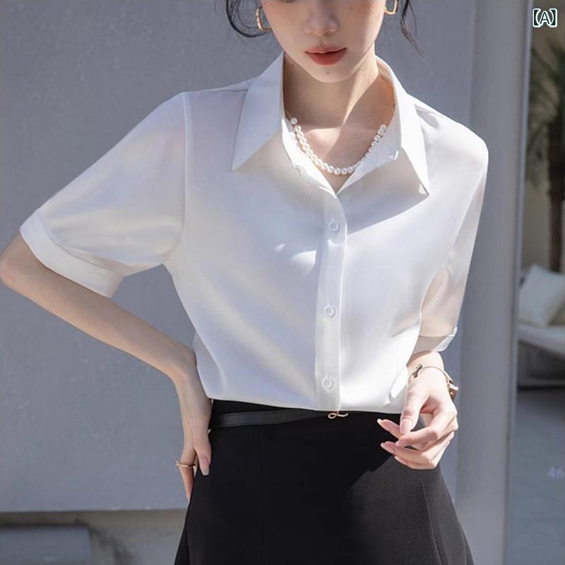 樂天商城 - 無地 トップス シャツ レディース 夏の 女性用 ストレート ショルダー 半袖 公共 試験 面接 シャツ OL 通勤 白 シフォンシャツ プロ フォーマル トップス