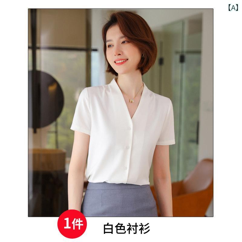 Rakuten - 無地 トップス シャツ レディース プロ シャツ レディース 半袖 夏 薄手 スタイル 高級 フォーマル 作業着 Vネック ホワイト シフォン トップ