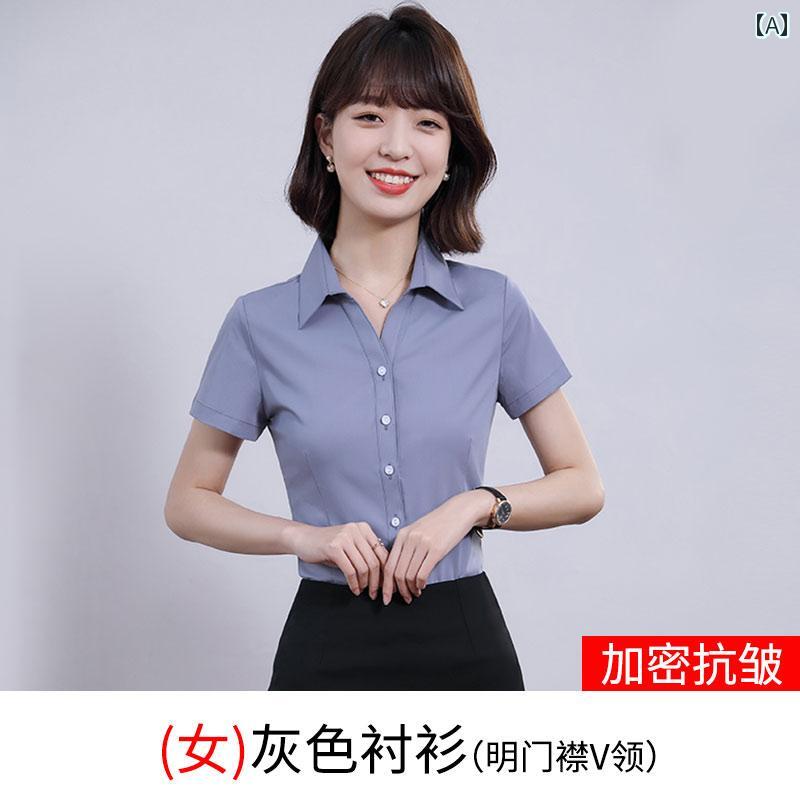 乐天商城 - 無地 トップス シャツ レディース 竹 繊維の 弾力性の あるの Vネックの 黒い 半袖 シャツ レディース プロの 夏の フォーマルな ビジネス 仕事 服