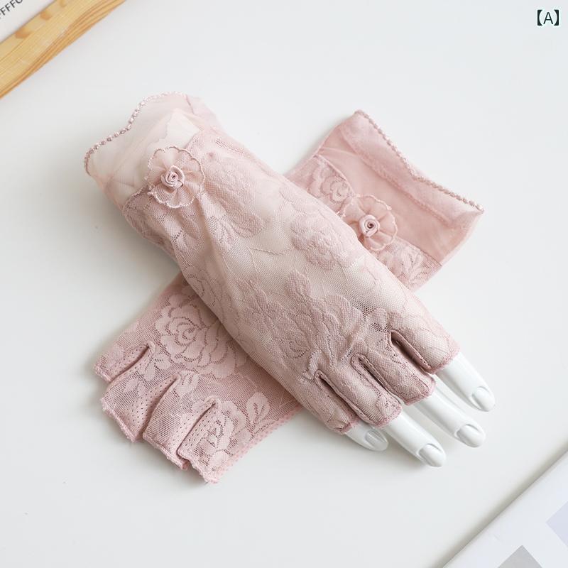 レース手袋 レディース 優しい レディース レースの ハーフフィンガー 手袋 春秋 通気性の 薄型 装飾 運転 滑り止め 指なし 夏の 日焼け防止(4)